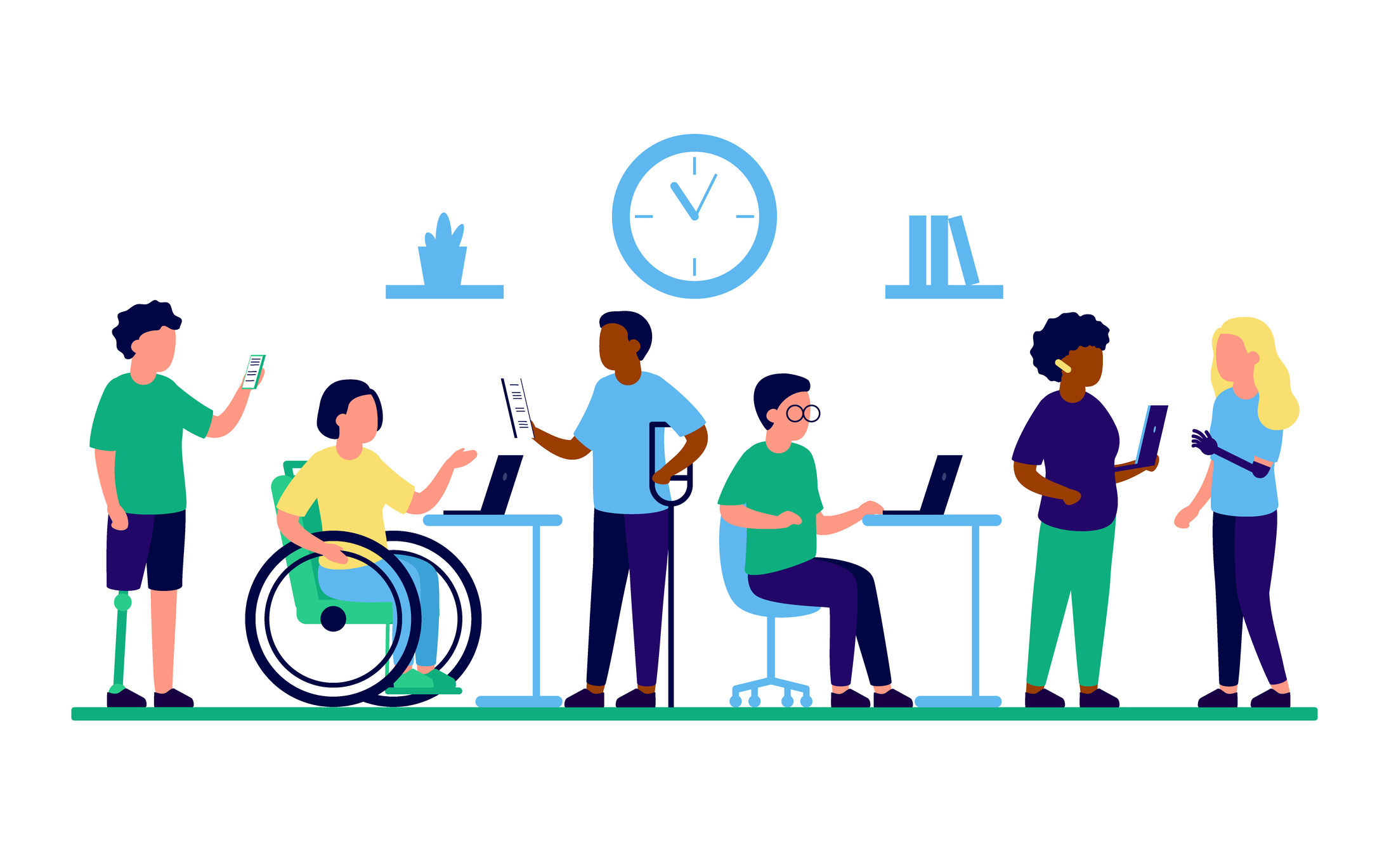 Les employés handicapés et inclusifs travaillent ensemble au bureau.
