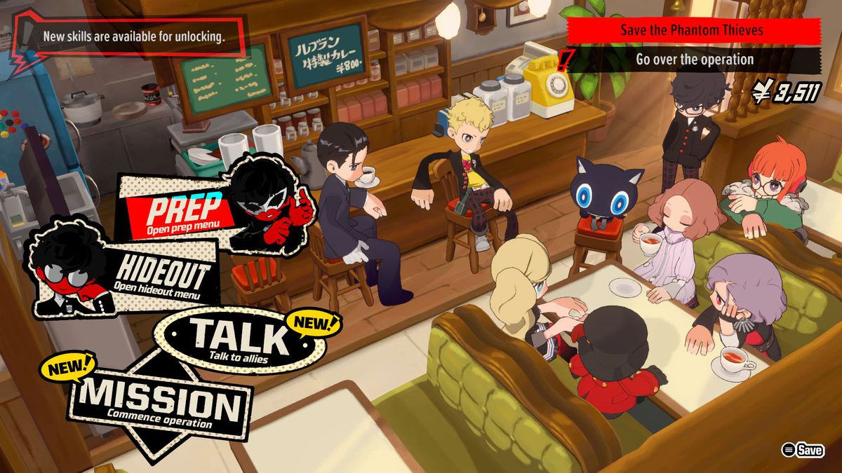 Les Voleurs Fantômes traînent et discutent au Café Leblanc dans Persona 5 Tactica