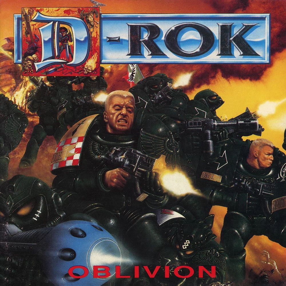 La pochette d'Oblivion de D-Rok présente des Black Templars engagés dans de violents combats.  L'un des premiers albums de Warhammer Records.