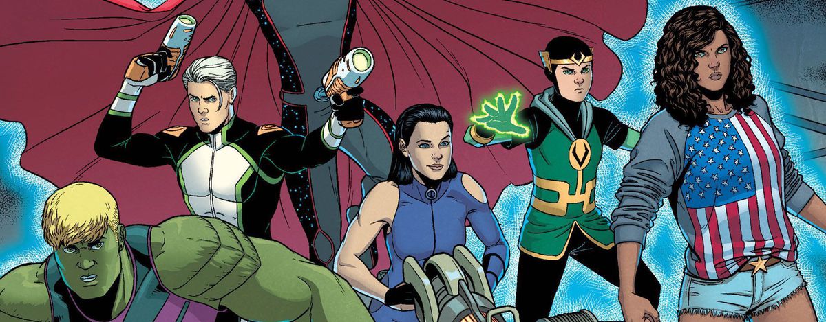 LtR : Hulkling, Noh-Varr, Wiccan, Hawkeye, Kid Loki et America Chavez dans Young Avengers, Marvel Comics.