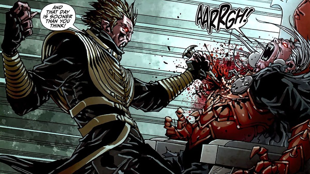 Une illustration de bande dessinée montre Dracula se faisant poignarder au cœur, avec du sang jaillissant.