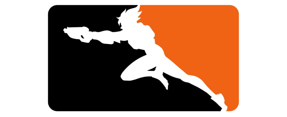Overwatch League Logo - A silhouette of the Overwatch hero Tracer runs to the left with her blasters out, flanked by blocks of colour, black and orange.