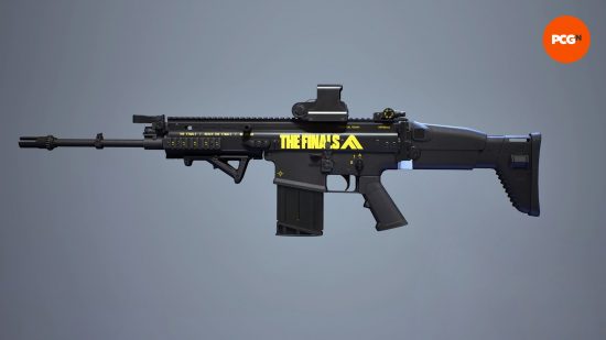 Les meilleures armes de la finale : un fusil d'assaut noir avec une écriture jaune.