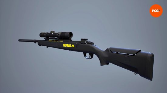 Les meilleures armes de la finale : un long fusil de précision noir avec une écriture jaune près du canon.