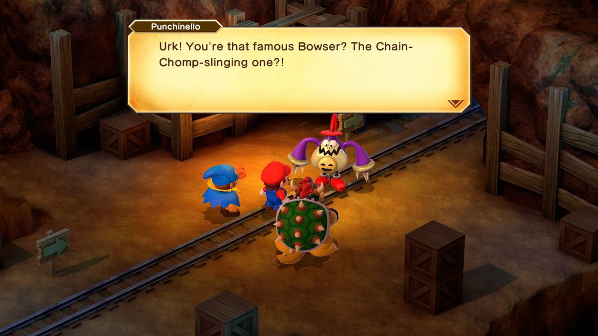 Mario, Geno et Bowser rencontrent un personnage appelé Punchinello dans une mine, qui dit : « Urk !  Vous êtes ce célèbre Bowser ?  Celui qui lance Chain-Chomp ?
