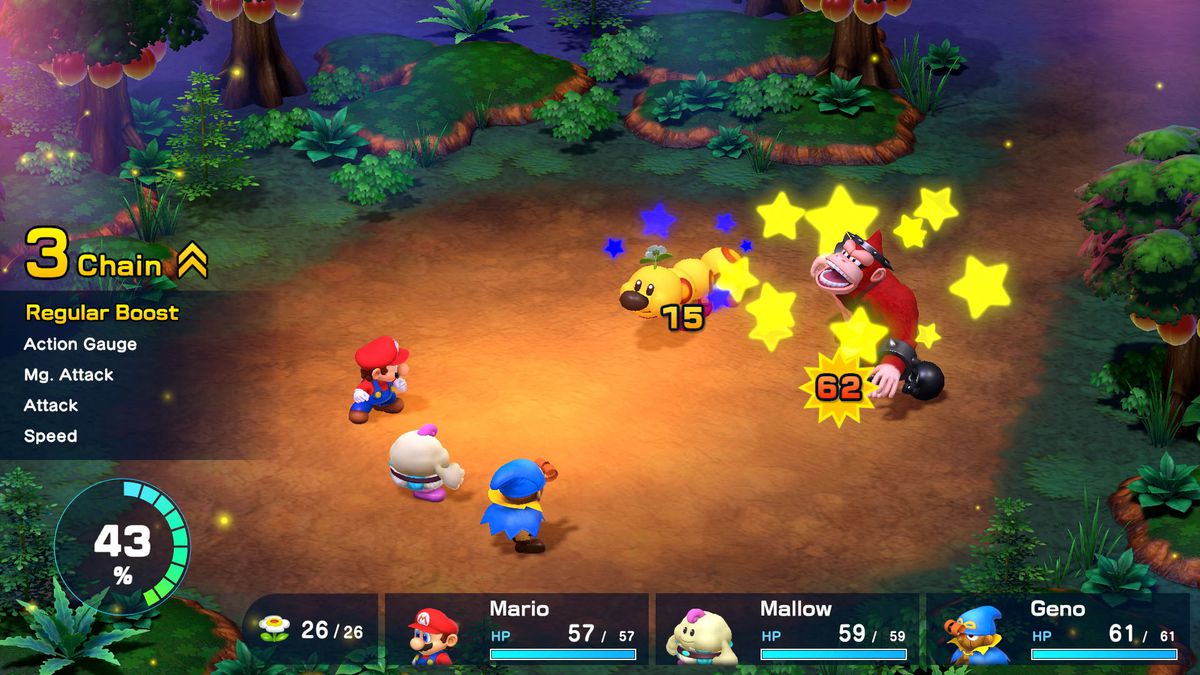 Mario, Mallow et Geno s'alignent pour combattre deux ennemis dans Super Mario RPG.  Le texte montre qu'ils ont une chaîne qui améliore diverses statistiques