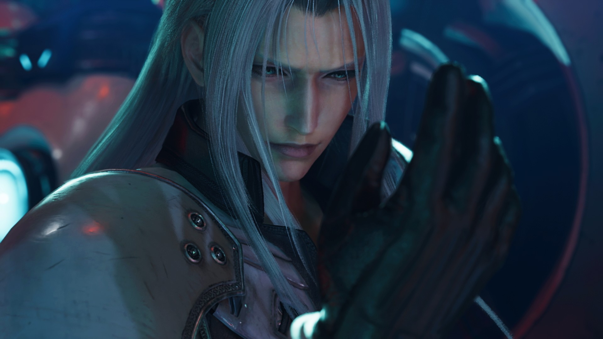 Sephiroth de Final Fantasy 7 Rebirth regardant sa main en contemplation