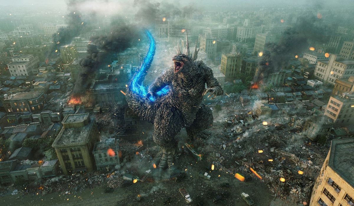 Godzilla détruit une ville dans Godzilla Minus One.