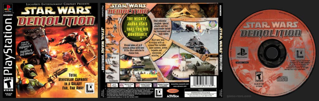 Image de la boîte et du CD du jeu Star Wars : Demolition, résumant l'essence de ce jeu de combat de véhicules Star Wars classique du début des années 2000.