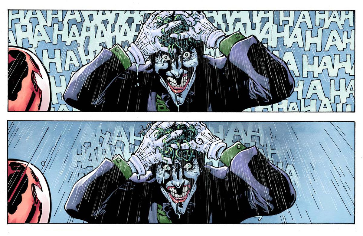 Le Joker rit, les mains sur la tête, en hommage à The Killing Joke, dans un deuxième panneau son rire s'éteint et ses yeux se tournent sur le côté.
