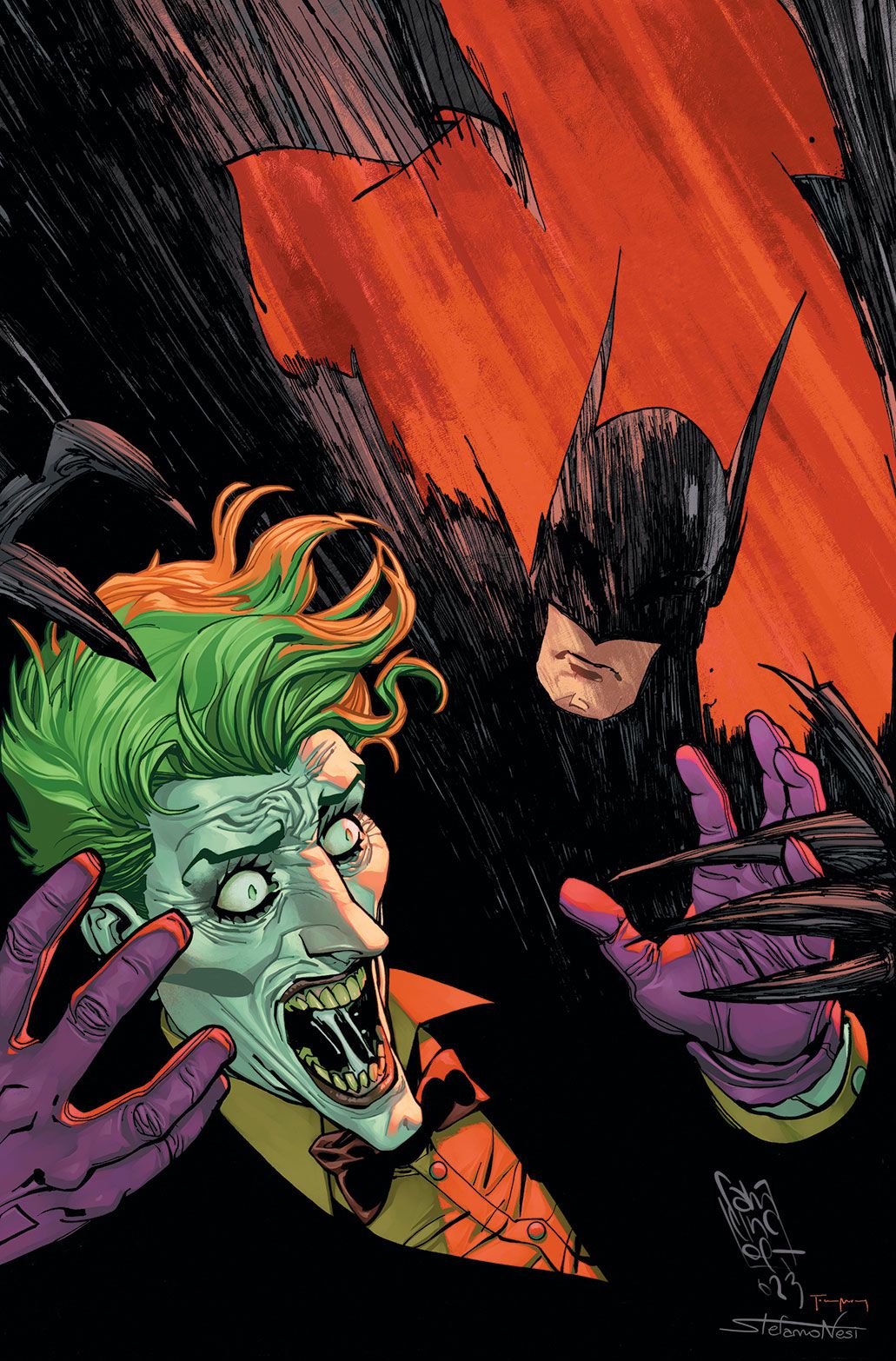 Le Joker recule en criant alors qu'un Batman griffu l'atteint. 