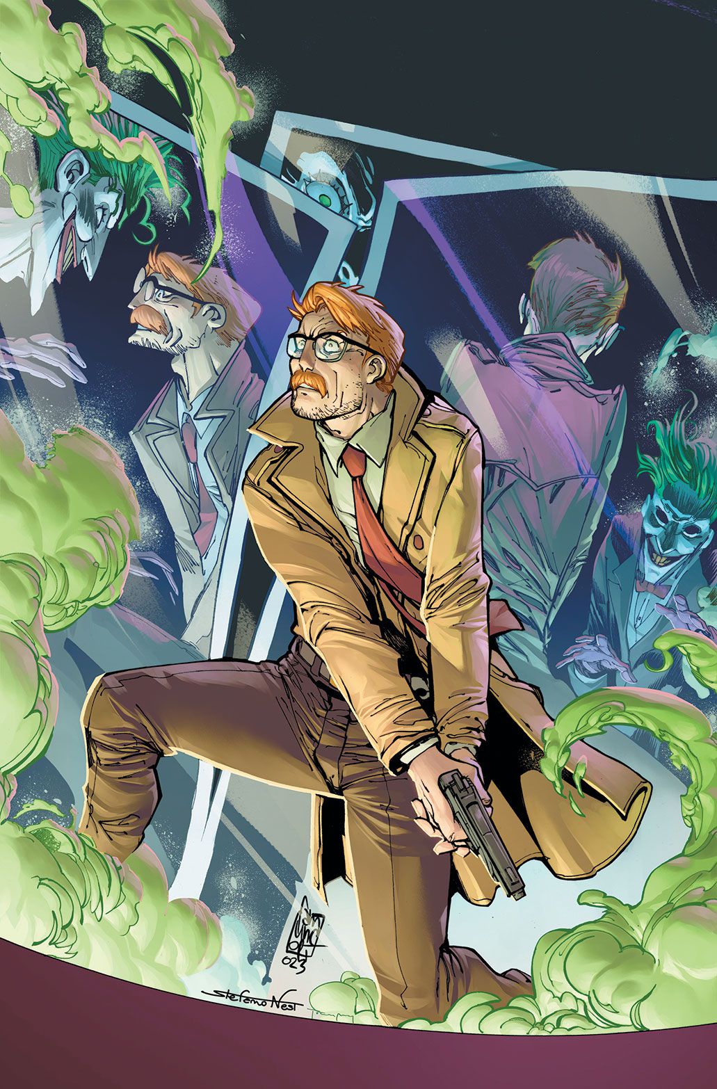 Jim Gordon affronte le Joker dans une maison de miroirs – certains miroirs reflètent deux Jokers au lieu de Jim et du Joker.  Gordon tient un pistolet à deux mains. 
