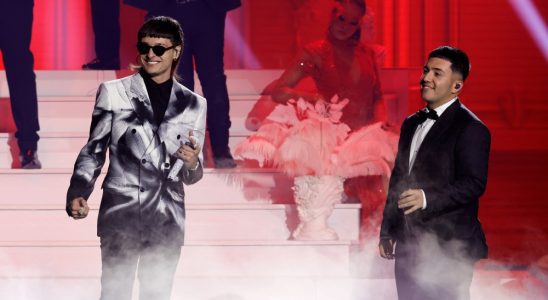 SEVILLE, SPAIN - NOVEMBER 16: (L-R) Peso Pluma and Pedro Tovar of Eslabon Armado perform onstage during The 24th Annual Latin Grammy Awards on November 16, 2023 in Seville, Spain. (Photo by Kevin Winter/Getty Images for Latin Recording Academy)