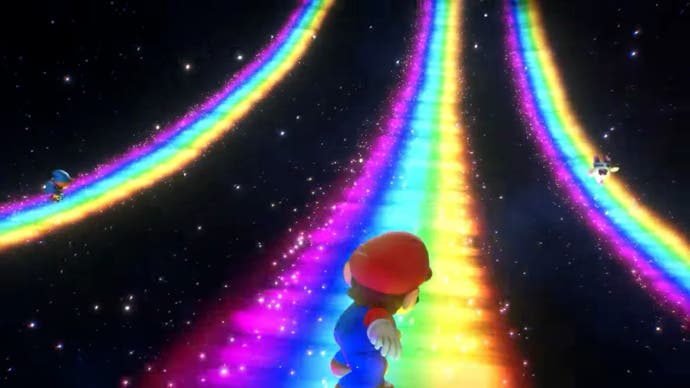 Mario et ses amis tracent des arcs-en-ciel séparés dans cette attaque triple mouvement de Super Mario RPG.