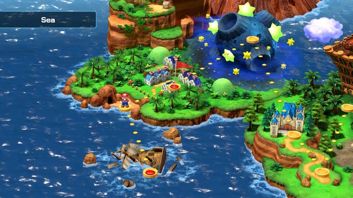 Ceci est un écran de l'écran de carte de Super Mario RPG, montrant une section de la carte en bord de mer avec un chemin entre les emplacements.