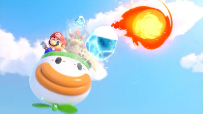Bowser et Mario lancent une boule de feu depuis l'hélicoptère de Bowser dans cette attaque triple mouvement de Super Mario RPG.