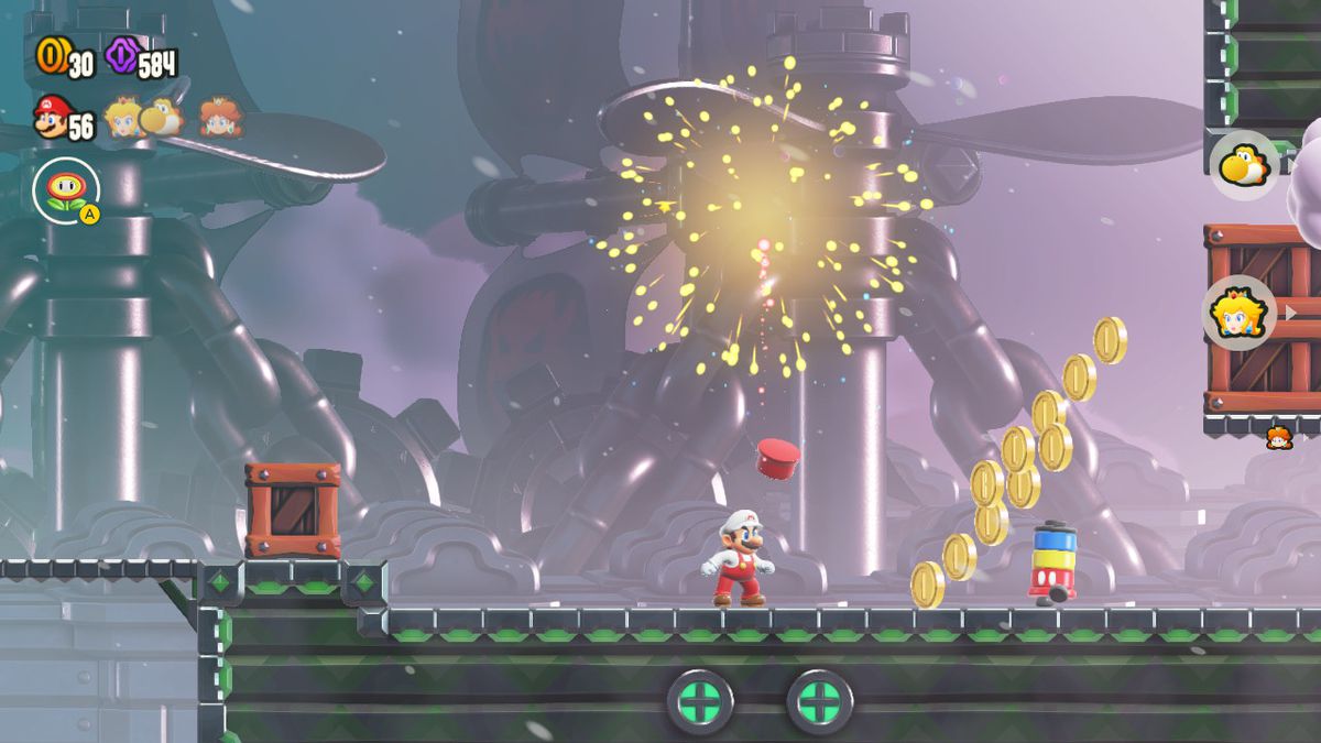 Mario se tient sous un feu d'artifice explosif provenant d'un Hanabihei épuisé sur un navire volant dans une capture d'écran de Super Mario Bros. Wonder