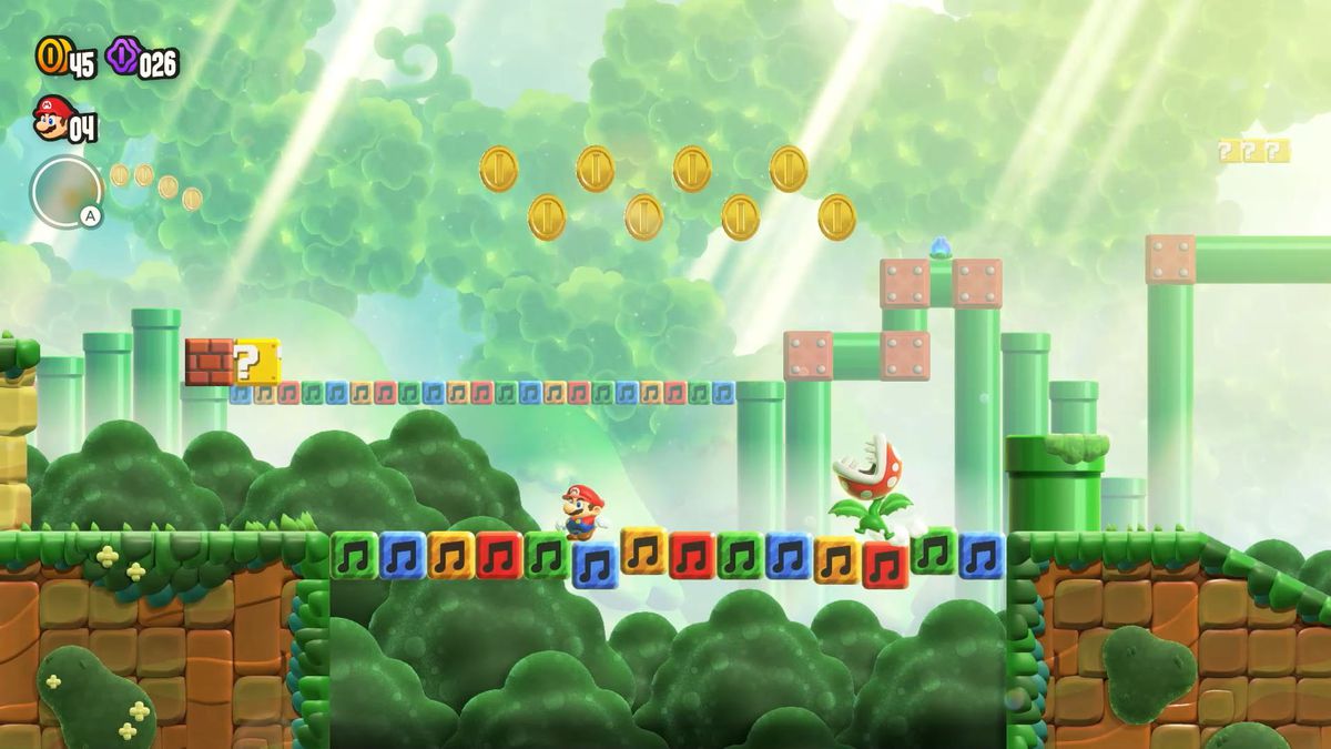 Mario s'enfuit d'une usine Piranha Trottin en traversant un pont fait de blocs de notes dans une capture d'écran de Super Mario Bros. Wonder