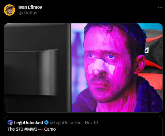 Une réaction mème à une arme criarde à 70 $ sur Modern Warfare 3, mettant en vedette Ryan Gosling de Blade Runner de 2017 regardant fixement un écran.
