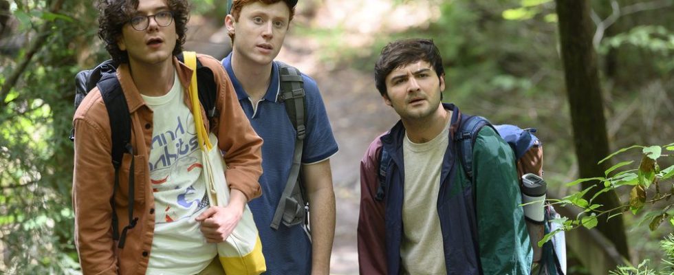 PLEASE DON'T DESTROY: THE TREASURE OF FOGGY MOUNTAIN -- Pictured: (l-r) Martin Herlihy as Martin, Ben Marshall as Ben, John Higgins as John -- (Photo by: Anne Marie Fox/Peacock/Universal Studios)