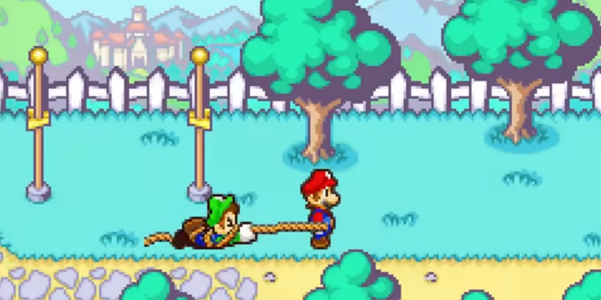 Mario traîne Luigi à travers leur cour dans Mario and Luigi Superstar Saga