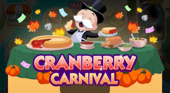 A header image for the "Cranberry Carnival" event in Monopoly GO. The image shows Rich Uncle Pennybags holding a piece of pie while autumnal leaves fall around him. He looks happy.