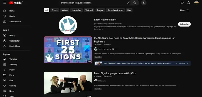 Cours d'ASL sur YouTube