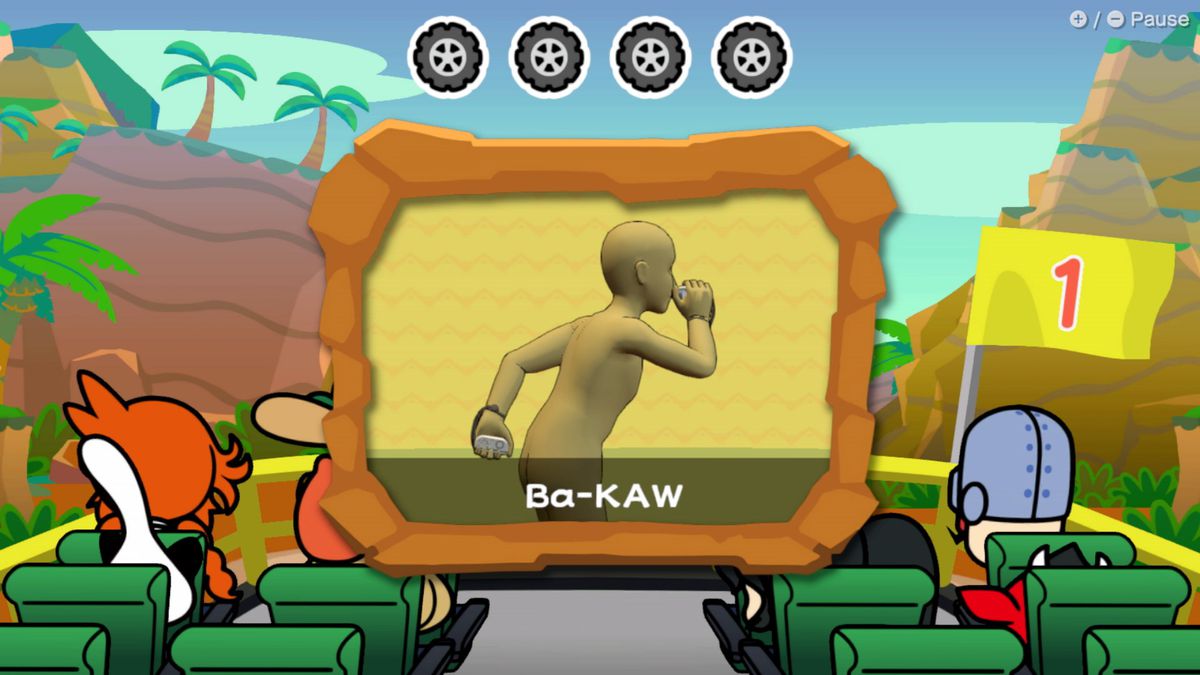 Un écran de menu montrant la pose Ba-KAW de WarioWare : Move It !