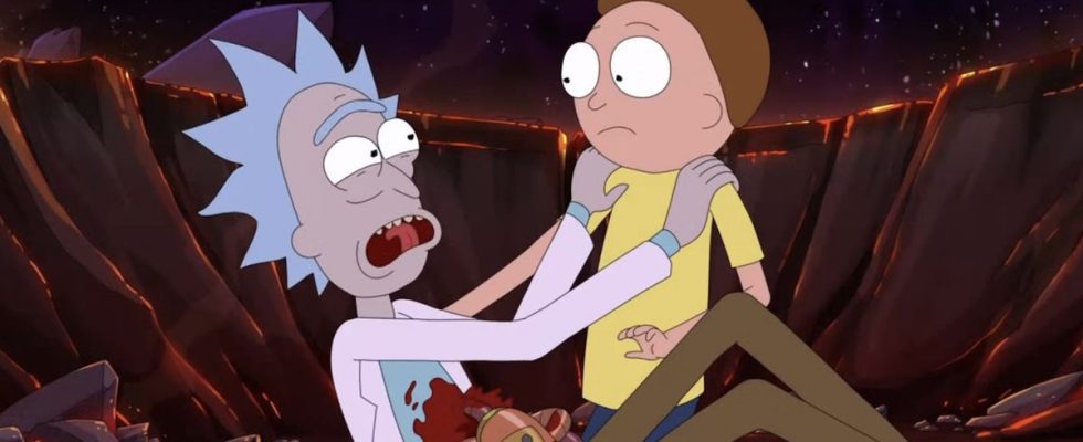 Morty holding injured Rick in Rick and Morty