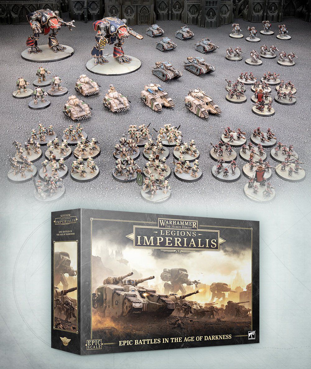 Un tas de miniatures peintes pour les Legions Imperialis, comprenant des chars, des troupes et des titans imposants.