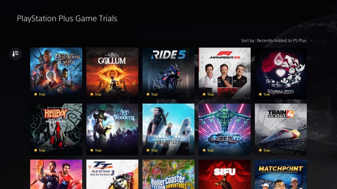 Capture d'écran montrant un certain nombre de jeux disponibles dans le cadre des offres d'essai de PlayStation Plus Premium