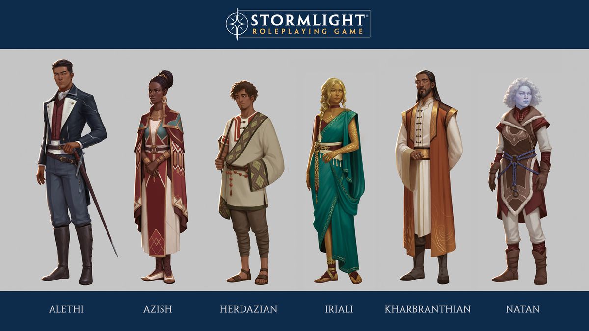Représentations de plusieurs factions Stormlight, dont les Alethi, Azish, Herdazian, Iriali, Kharbranthnian et Natan.