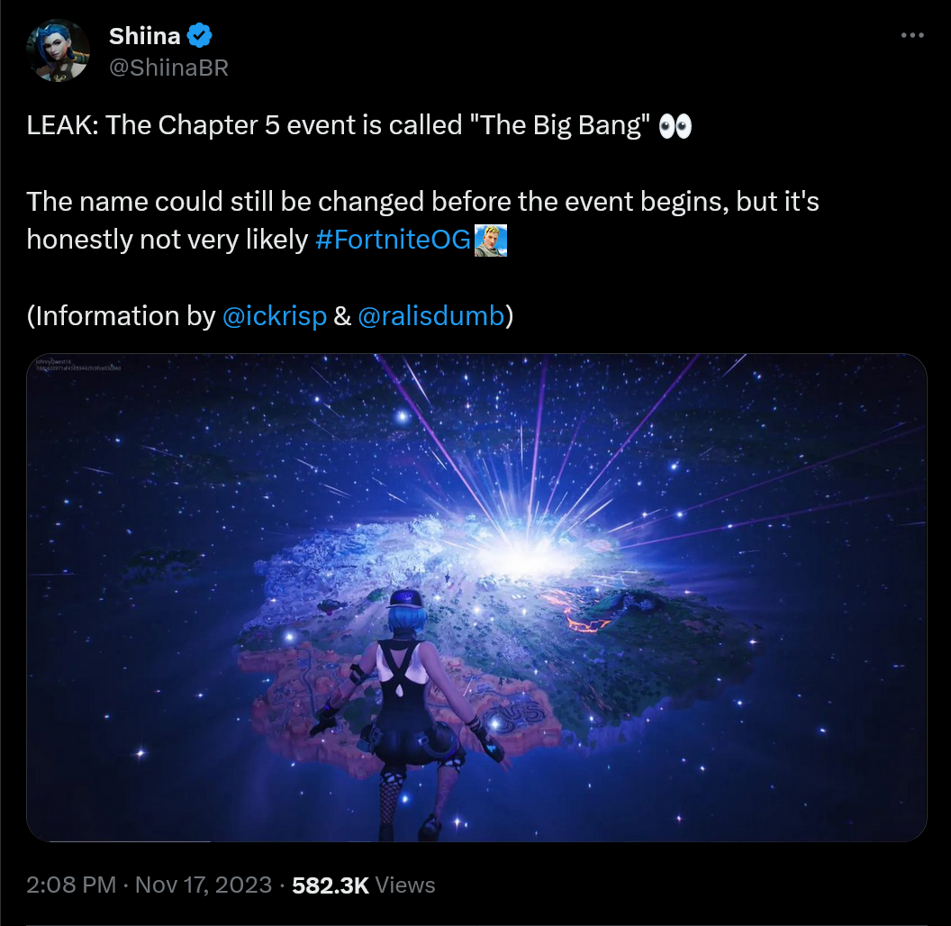 FUITE : L'événement du chapitre 5 s'appelle "Le Big Bang" 👀 Le nom pourrait encore être modifié avant le début de l'événement, mais honnêtement, ce n'est pas très probable #FortniteOG (Informations de @ickrisp & @ralisdumb)