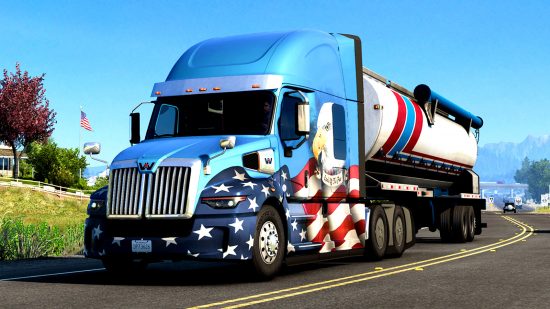Vente d'automne Steam 2023 - Un camion avec la peinture Stars and Stripes dans American Truck Simulator.