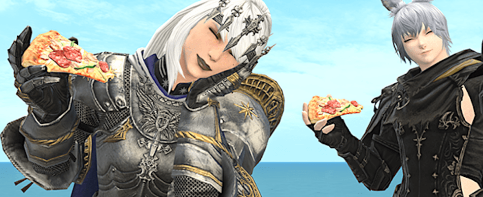 An image of two characters from Final Fantasy 14 eating pizza, and looking very pleased about it.