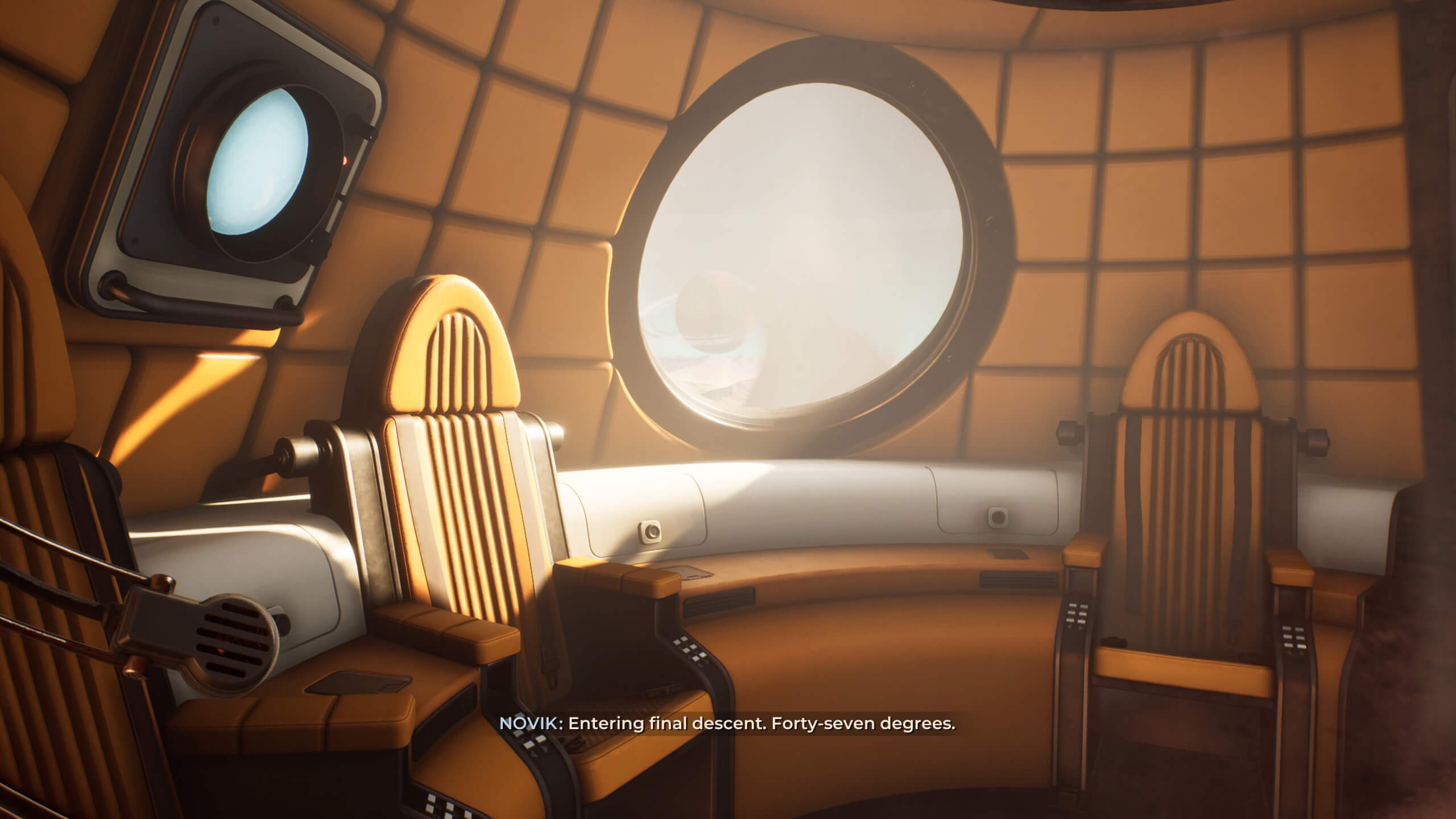 Le Dr Yasna est à l'intérieur du vaisseau au look rétro alors qu'elle se dirige vers la surface de Regis III.