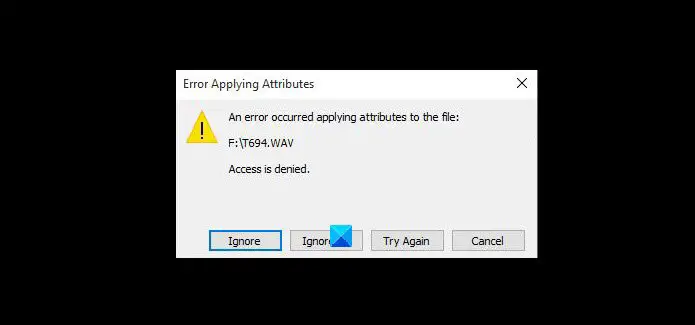 Une erreur s'est produite lors de l'application des attributs au fichier