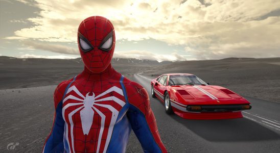 Spider-man overlayed on Gran Turismo 7 screenshot of a Ferrarri