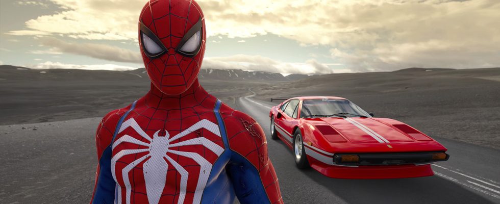 Spider-man overlayed on Gran Turismo 7 screenshot of a Ferrarri