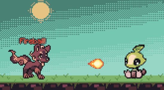 Anode Heart - a pixelated side-on battle where a firey wolf pup throws a fireball at a plant monster