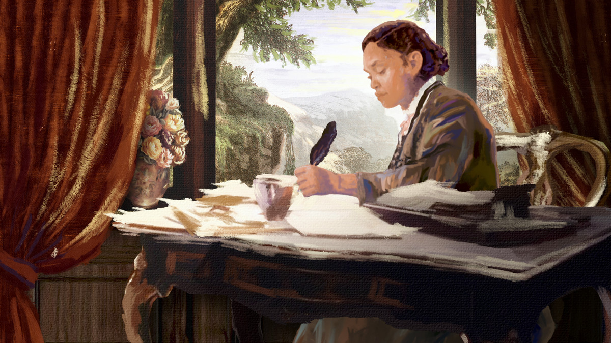 Une image peinte d’une femme écrivant à un bureau avec une plume d’oie dans Stamped From The Beginning.