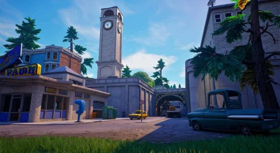 Image of Tilted Towers, including iconic clock tower in Fortnite OG.