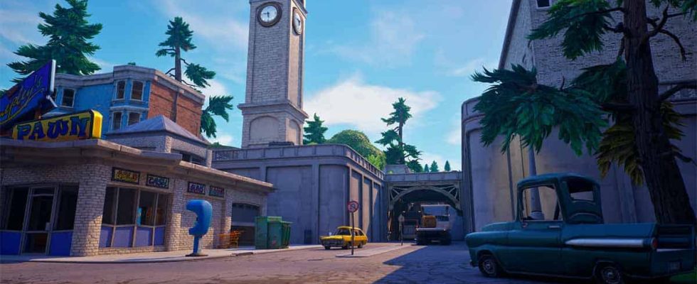 Image of Tilted Towers, including iconic clock tower in Fortnite OG.