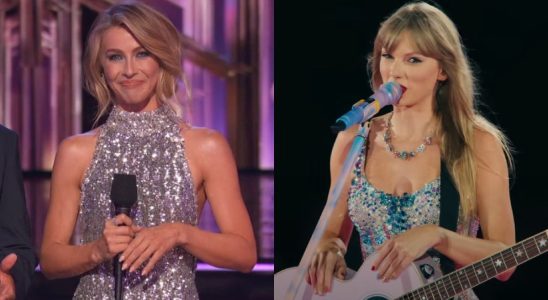 From left to right: screenshots of Julianne Hough hosing Dancing with the Stars and Taylor Swift talking into the microphone holding a guitar during the Eras Tour.