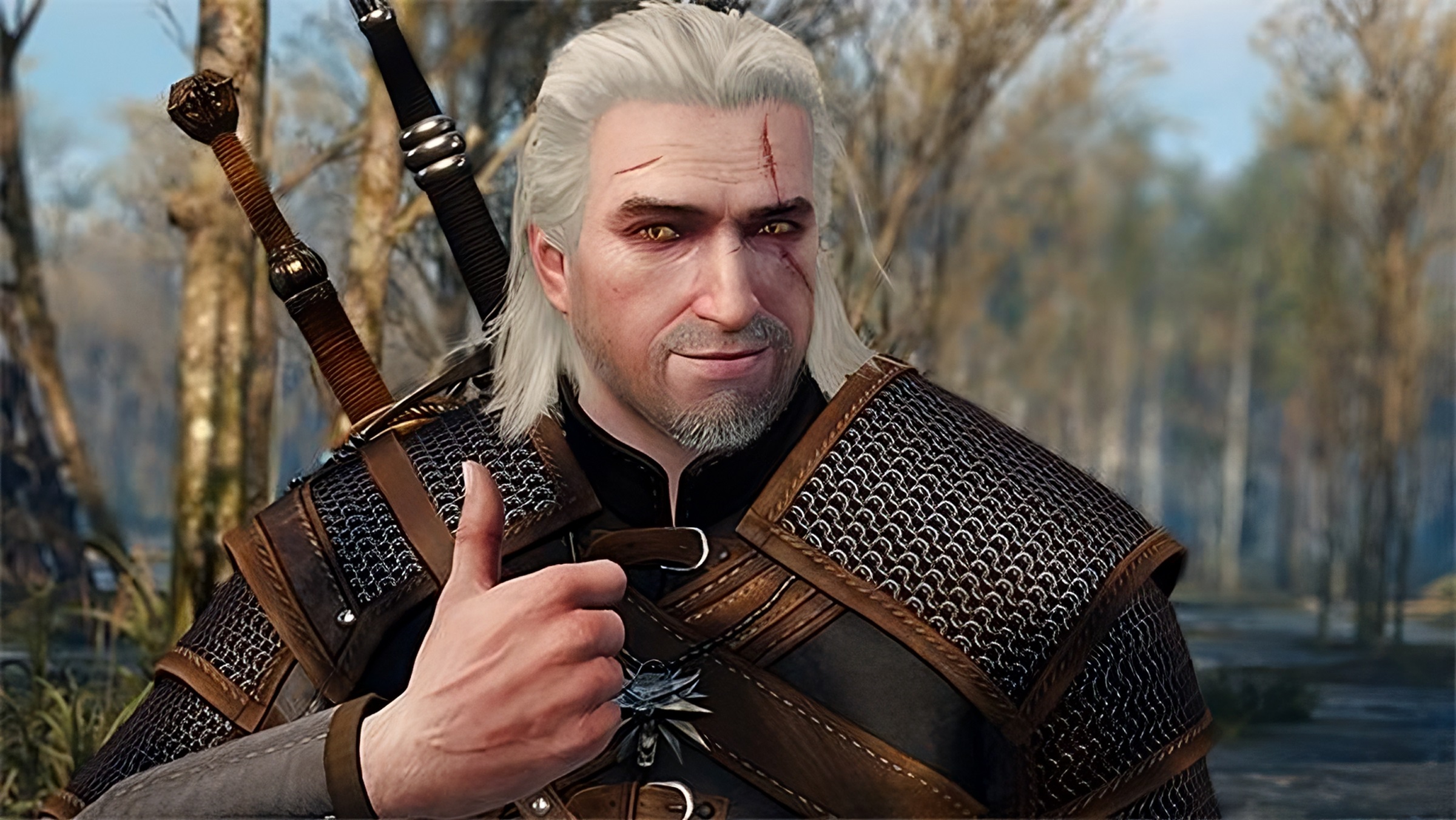 Geralt, sans gants, levant le pouce en haute définition