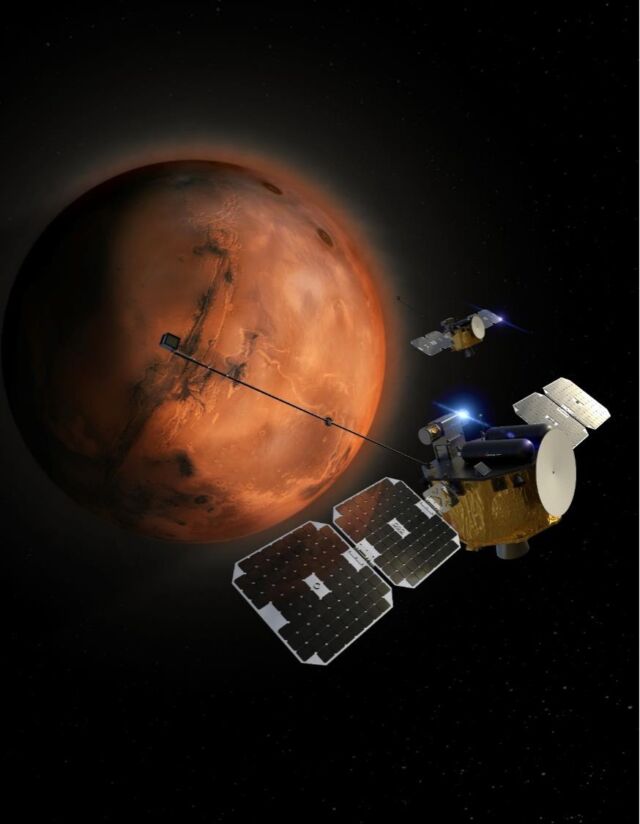 Dans le concept de cet artiste, les deux satellites ESCAPADE orbitent autour de Mars pour étudier la magnétosphère de la planète. 