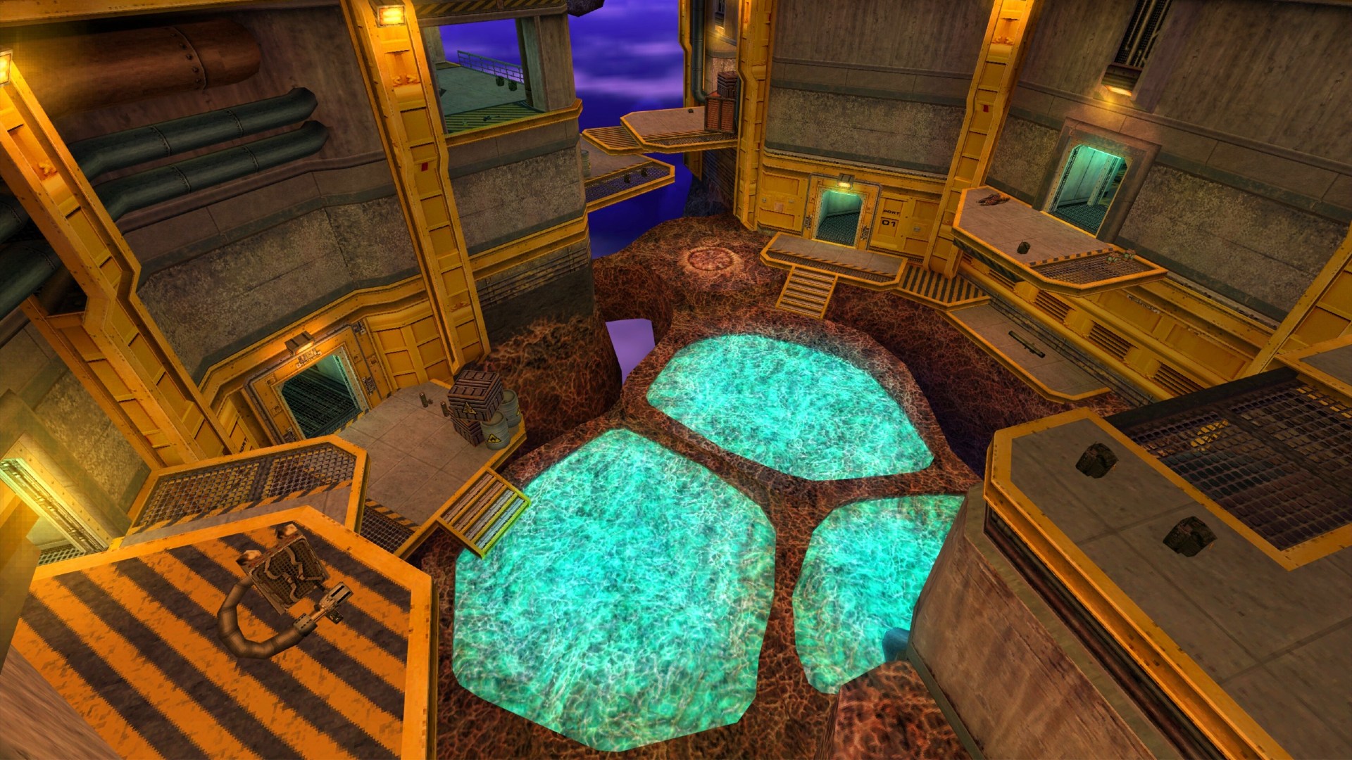 Carte de fête au bord de la piscine Half-Life montrant l'intérieur d'une installation semblant flotter dans un espace violet