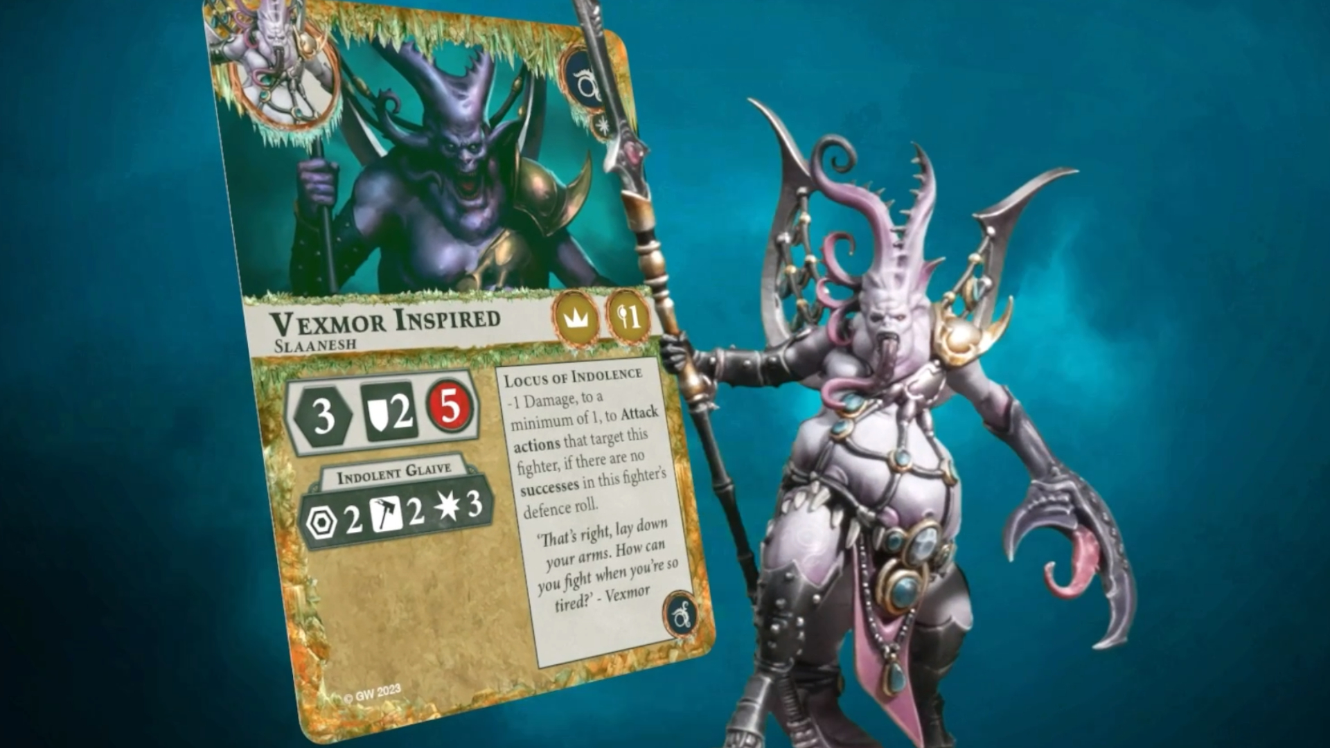 Une miniature de démon Slaanesh à côté de la carte d'accompagnement de Warhammer Underworlds : Deathgorge