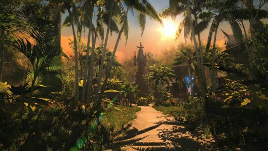 Date de sortie de FFXIV Dawntrail - une colonie dans la région de la jungle de Yak T'el, la lumière s'infiltre jusqu'à une clairière parmi les arbres.
