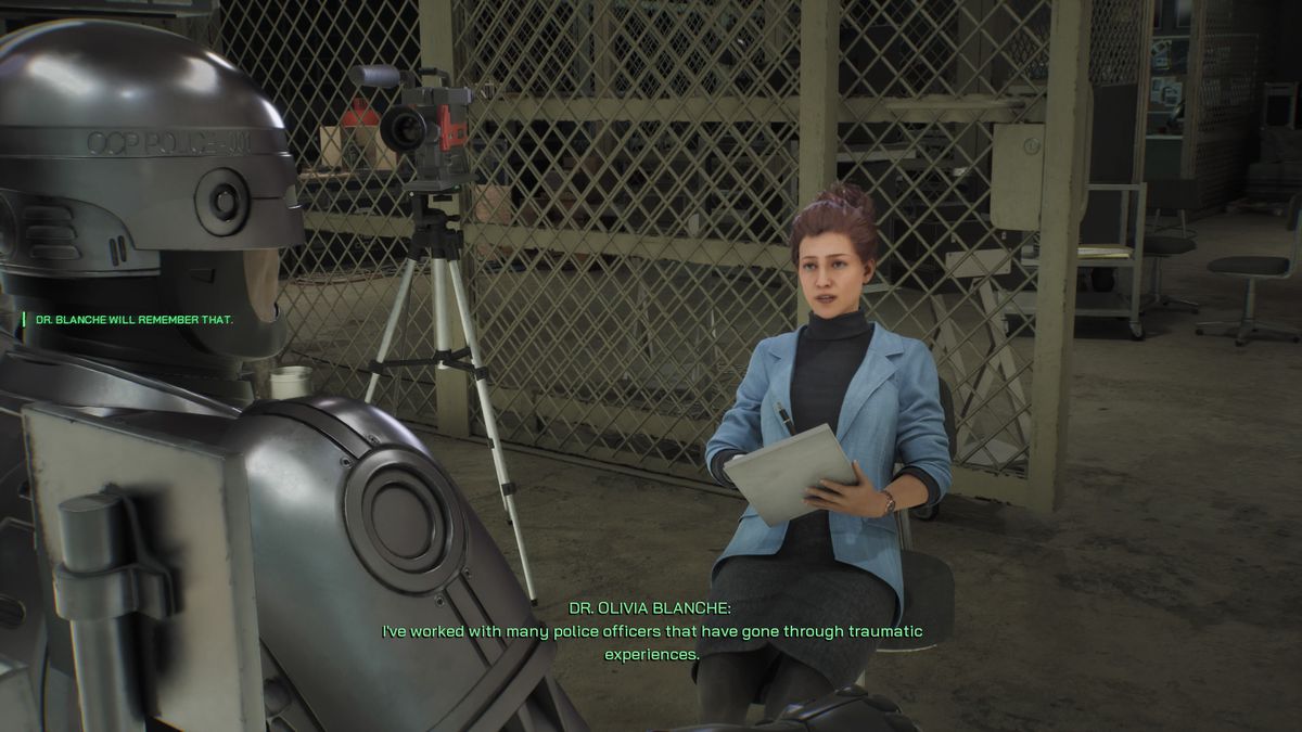Le Dr Olivia Blanche interroge RoboCop lors d'une séance d'évaluation au Detroit PD dans RoboCop: Rogue City
